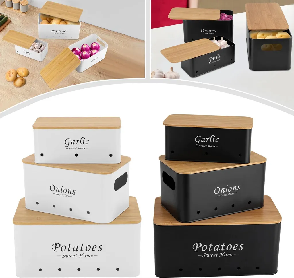 Set de 3 boîtes de rangement oignons ail pommes de terre blanc métal - 2
