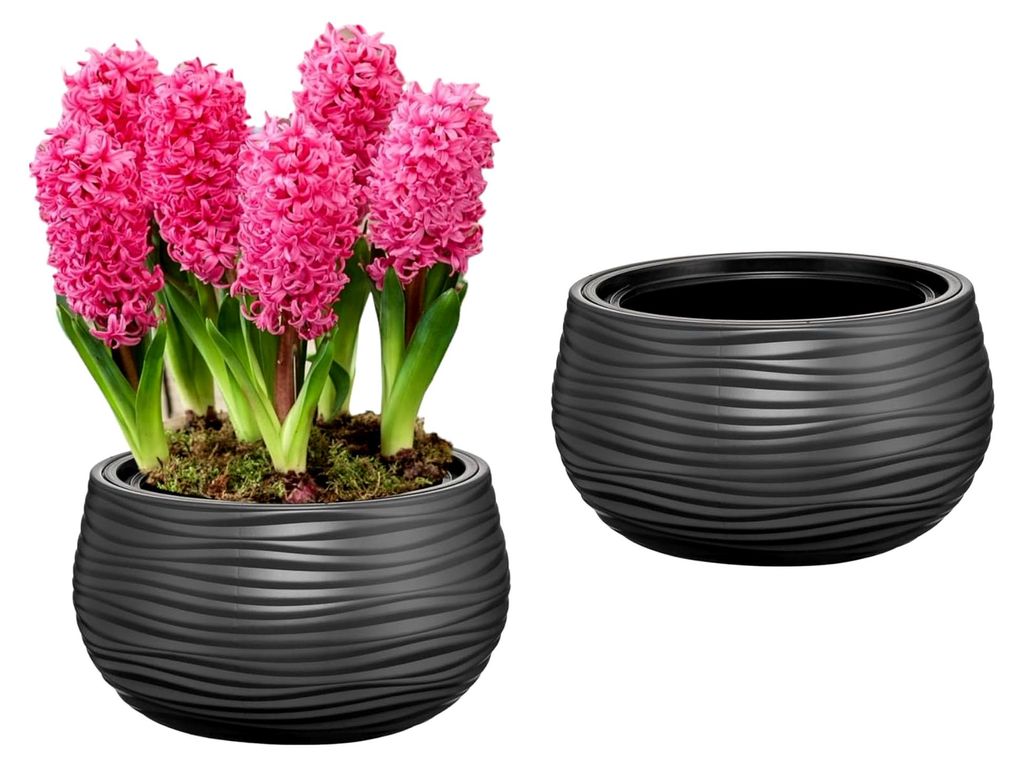 Blumentopf mit Herausnehmbaren Einsatz Schale Rund Wellen Blumenkübel 3D Effekt (Anthrazit)