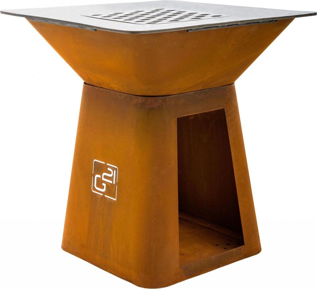 Montana Corten Grill mit Plancha Kochfläche, doppelter Brennkammer und doppelwandigem Feuerraum, 85x85 cm