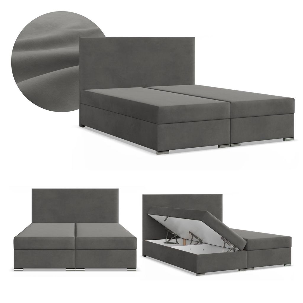 Boxspringbett 160x200 mit 2 Bettkästen, Kontinentales Bett mit Bonell Matratze, Doppelbett mit Kopfteil, Samtstoff Grau, Dunkelgrau, ZONZA 160 x 200