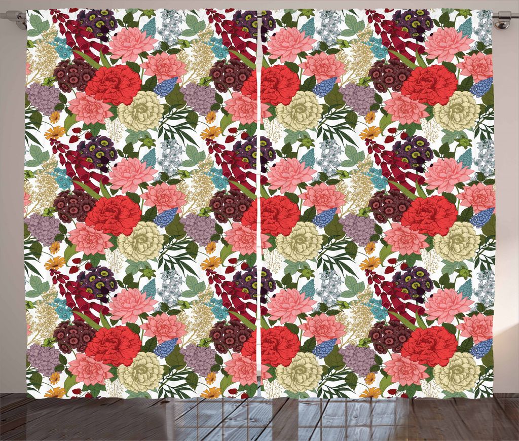 ABAKUHAUS Blumen Rustikaler Vorhang, Romantisches Bouquet Design, Wohnzimmer Universalband Gardinen mit Schlaufen und Haken, 280 x 245 cm, Mehrfarbig