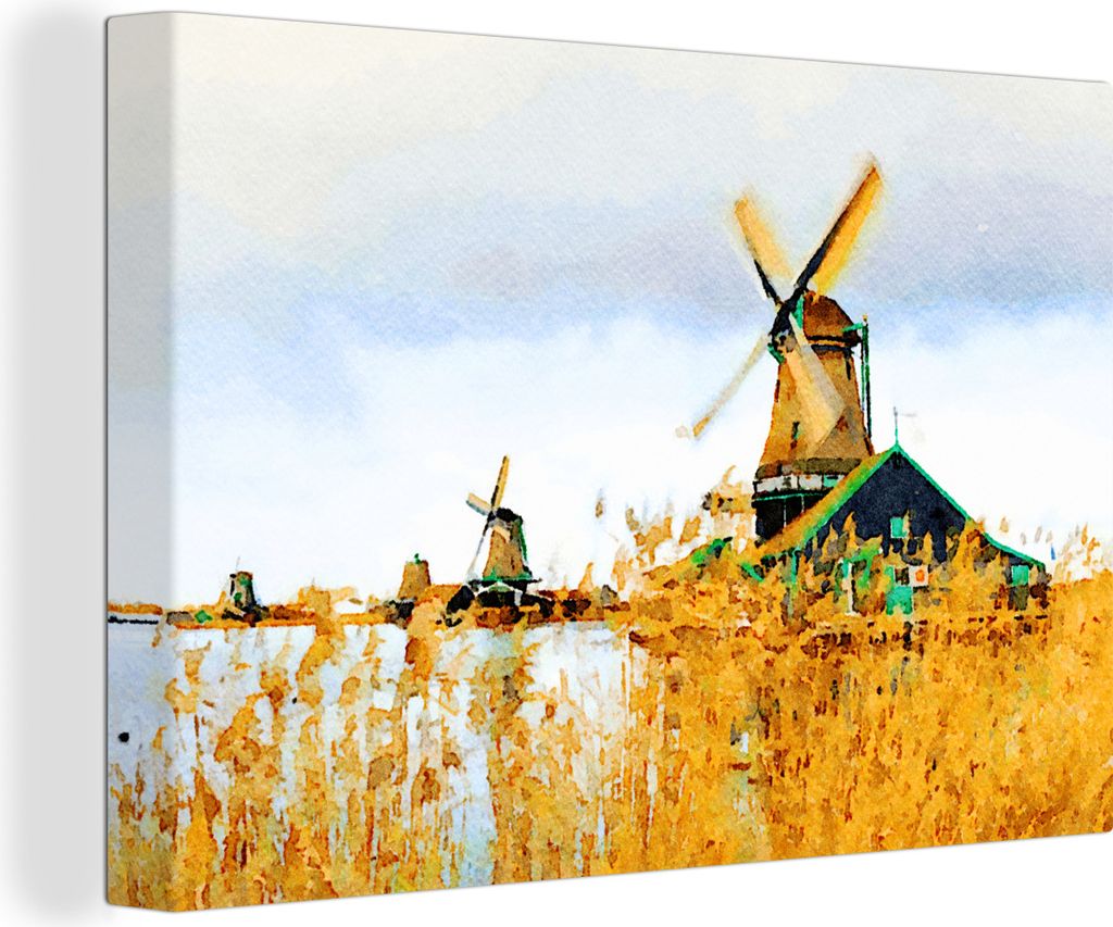 OneMillionCanvasses - Leinwandbilder - 140x90 cm, Eine Illustration der Zaanse schans, Wandbilder Kunstdruck Wanddekoration - Foto auf Leinwand -...