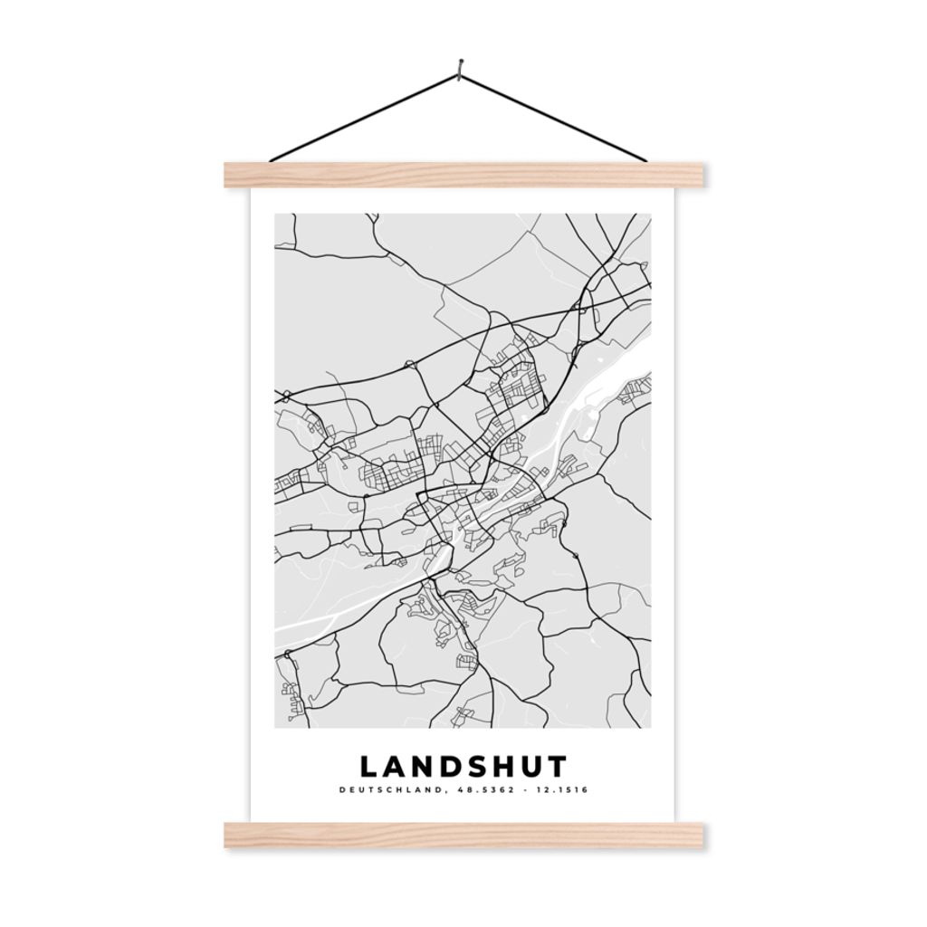 MuchoWow Textilposter Deutschland - Karte - Landshut - Stadtplan 40x60 cm mit holzfarbenen Rahmen - Poster