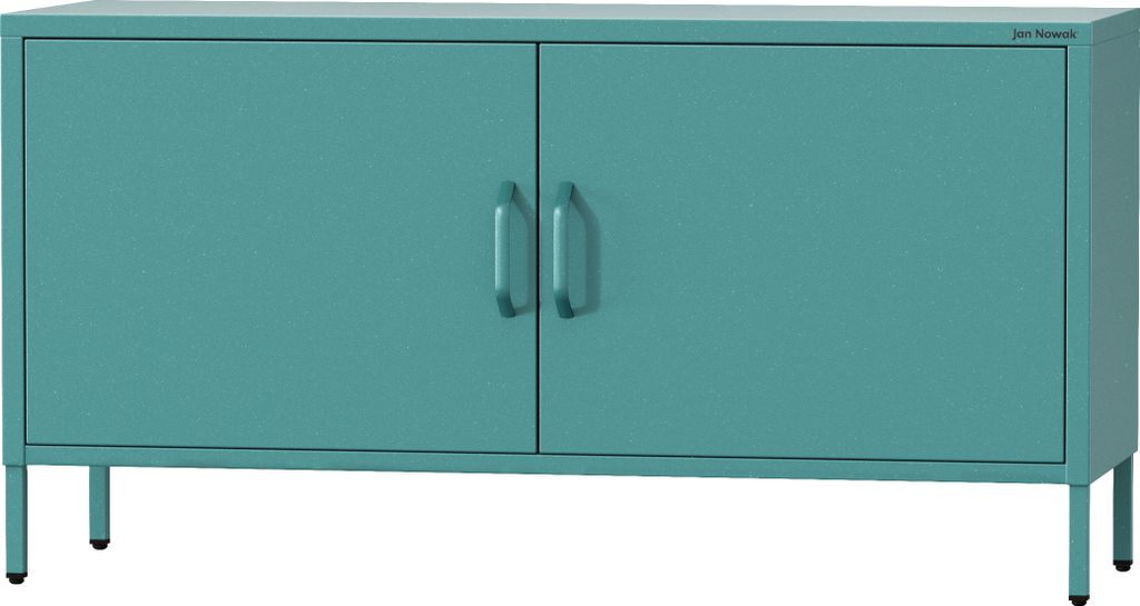 A teal metal TV cabinet with two doors and four legs, shown from the front against a white background.