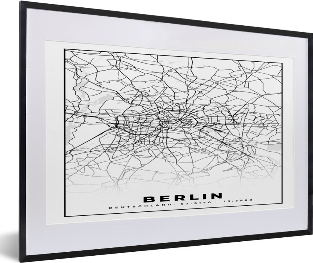 MuchoWow Gerahmtes Poster Berlin - Karte - Stadtplan 60x40 cm - Poster mit Schwarzem Bilderrahmen Wandposter Rahmen Foto Bilder - Schlafzimmer - ...