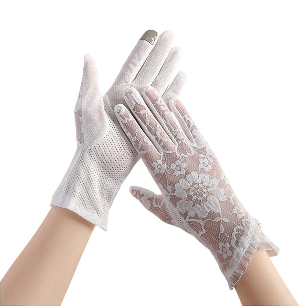 Blumen Spitze Handschuhe Damen, UV Schutz Sommerhandschuhe mit Touchscreen-Funktion, Weiß