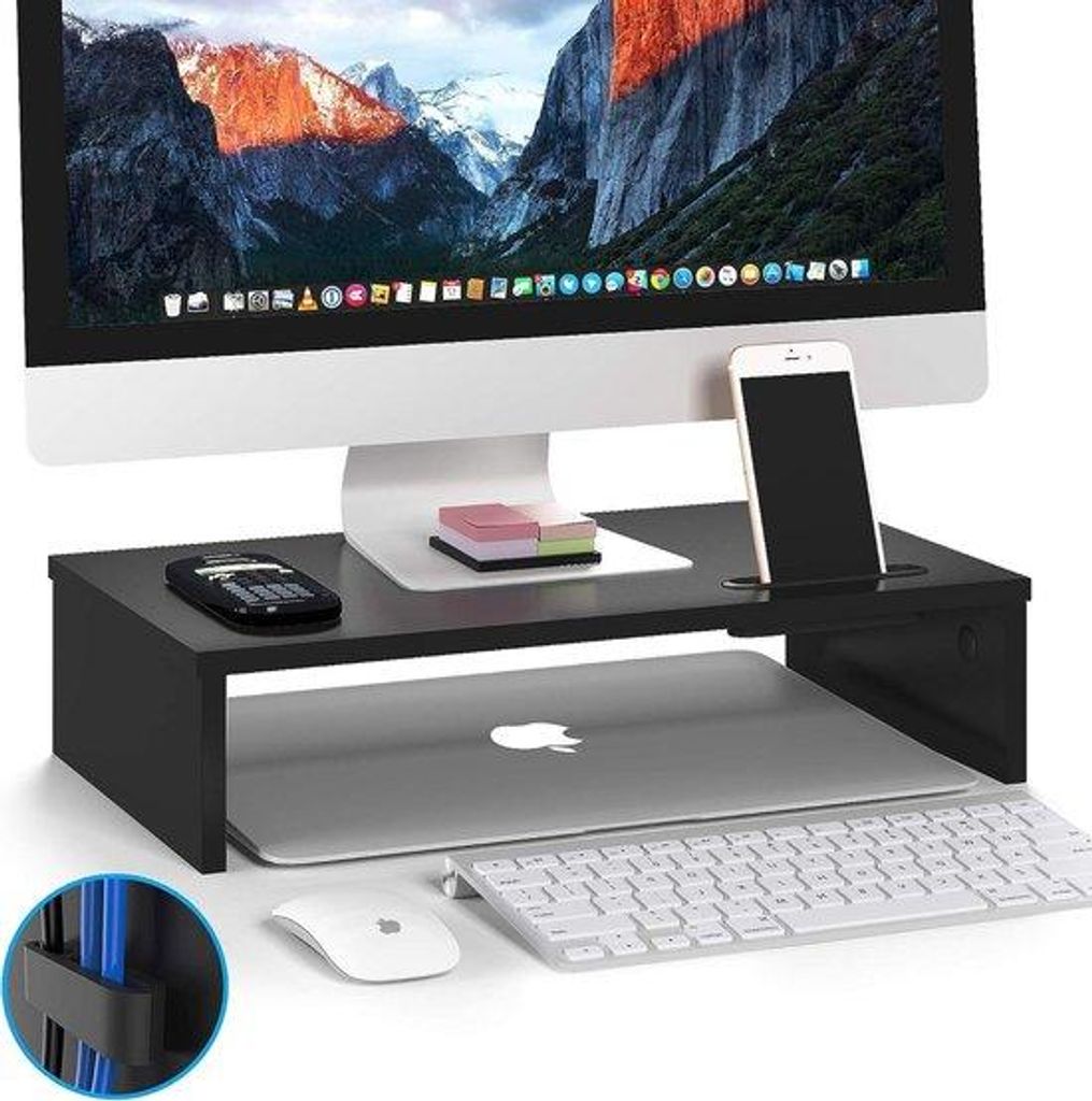 Holz-Monitor-Ständer mit Smartphone-Halter und Kabel-Organisator - Ergonomische Laptop- und Drucker-Ständer für Computer, Notebooks und iMac (Sc...
