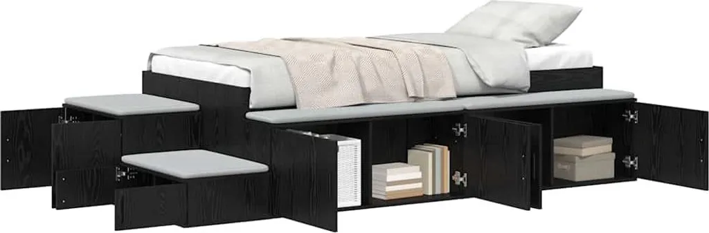Cadre de lit simple avec rangements intégrés coloris noir et chêne clair