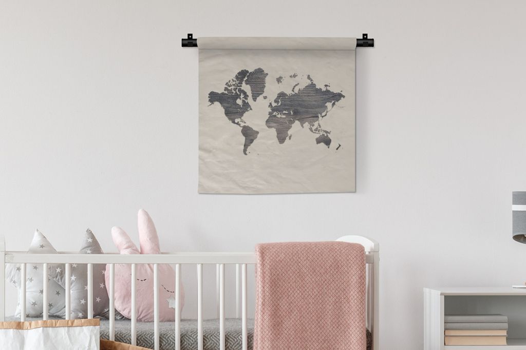 MuchoWow Wandteppich Wandbehang Weltkarte - Holz - Beige 60x60 cm Tapisserie Dekoration Wandtuch - Dekorationen - Wand Decke