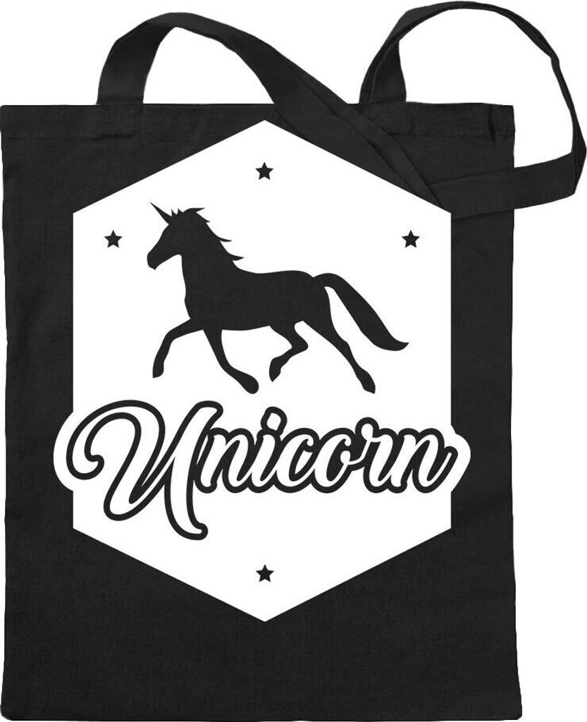 Kiwistar - Baumwolltasche - schwarz - Unicorn Einhorn Regenbogen - Tragetasche Stoffbeutel Umhängetasche Langer Henkel