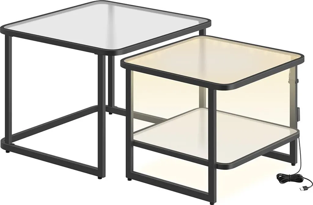 Lot de 2 tables basses LED blanc nuage et noir encre - Modèle Lumina Duo