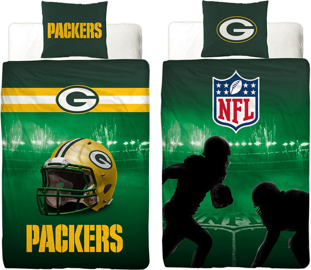 Two sides of a Green Bay Packers themed duvet cover and pillow set, displayed on beds.