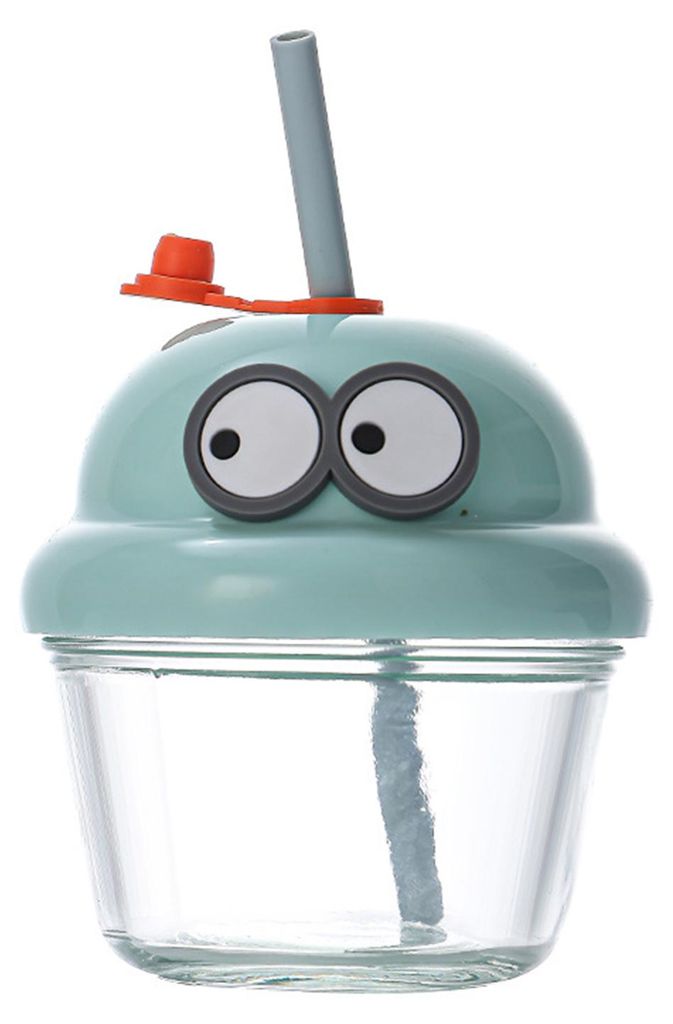 Glasbecher mit Strohhalm und Deckel, 210 ml, wiederverwendbarer Eiskaffeebecher, niedlicher Cartoon-Trinkbecher für Wasser, Matcha und Reisen