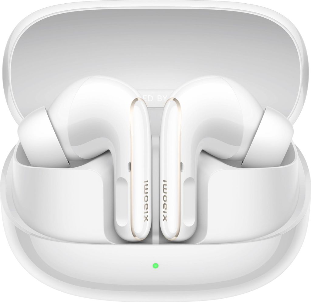 A pair of white wireless earbuds in their charging case.