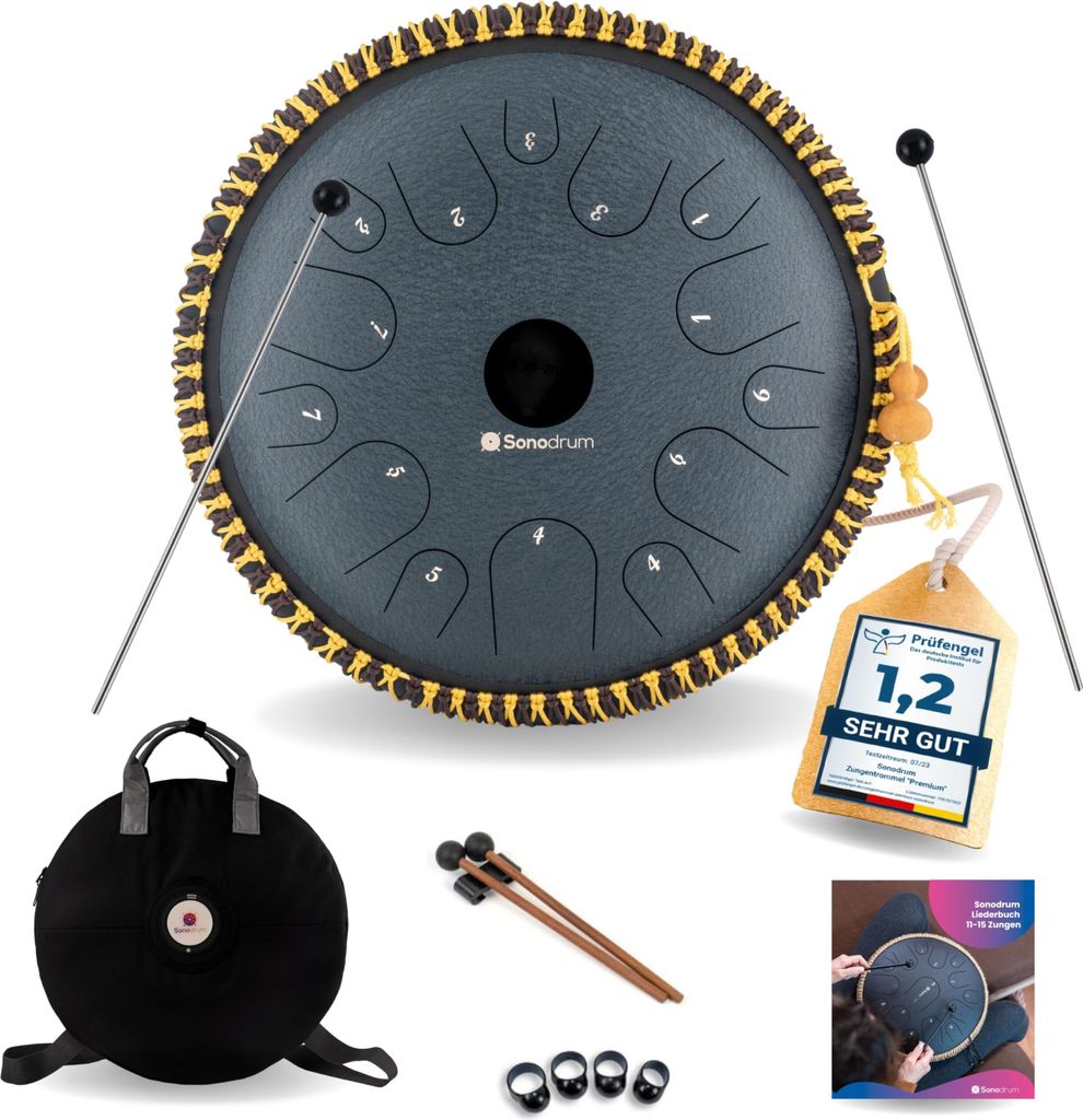 Sonodrum Zungentrommel: C - Dur in Dunkelblau - 38 cm mit 14 Tönen, Steel Tongue Drum inkl. Liederbuch, Schlägel, Fingersticks und Tragetasche