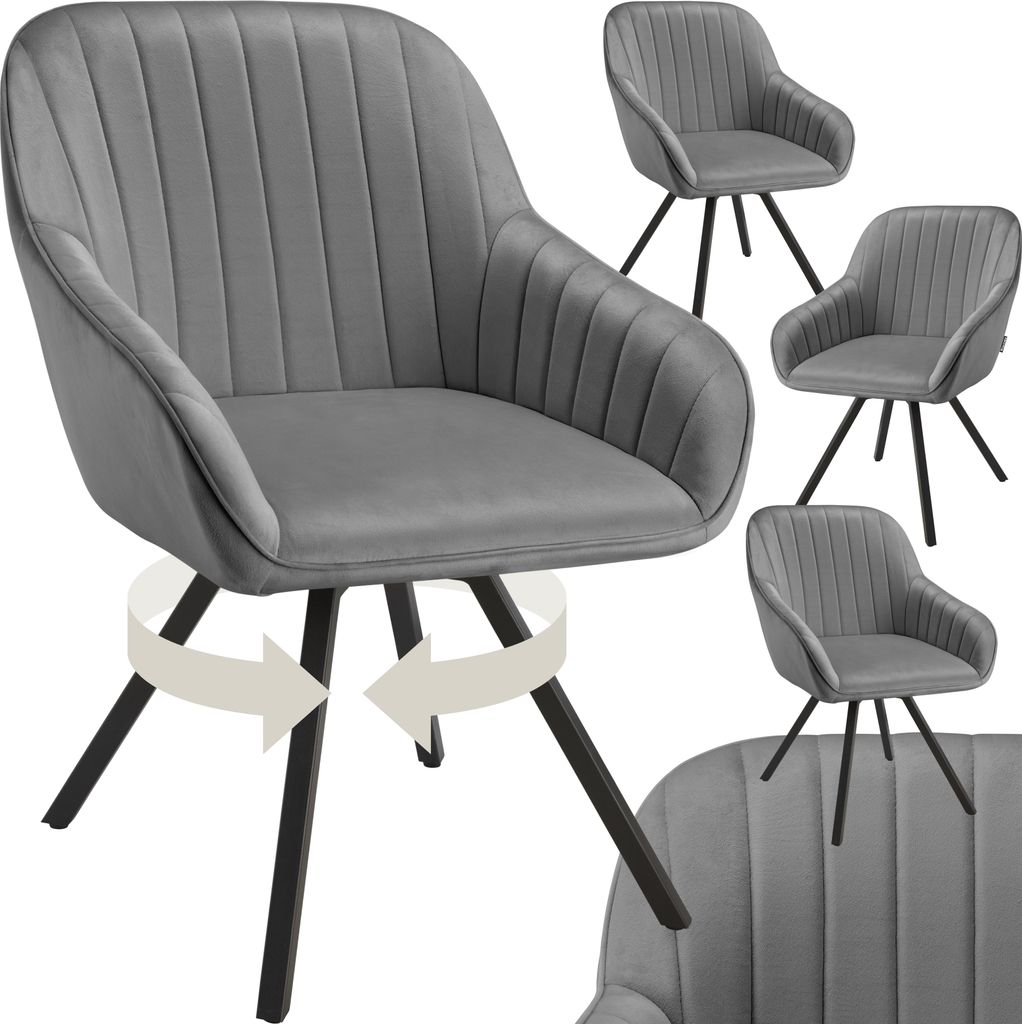 A collage of a gray upholstered armchair with black legs, showing different angles and a close-up of the seat.