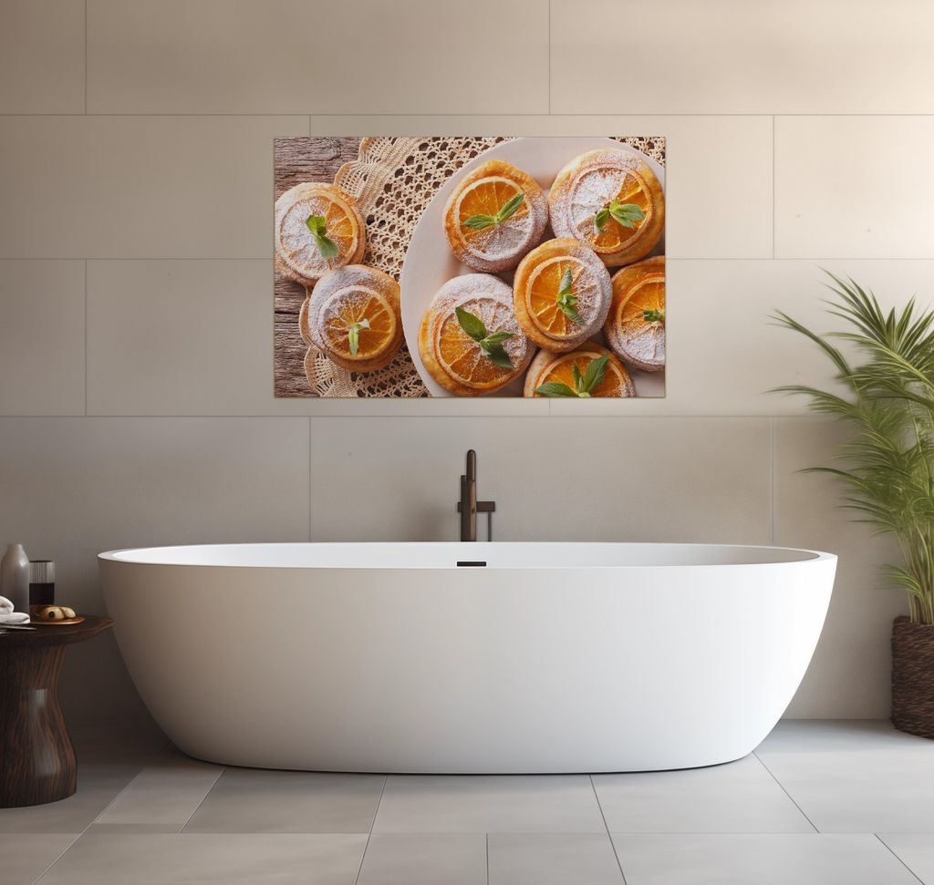Wallario wasserfestes Poster selbstklebend 91,50 x 61 cm, Frische Biskuits mit Orangenscheiben, Badezimmerposter Spritzschutz mit Hochglanzoberflä...