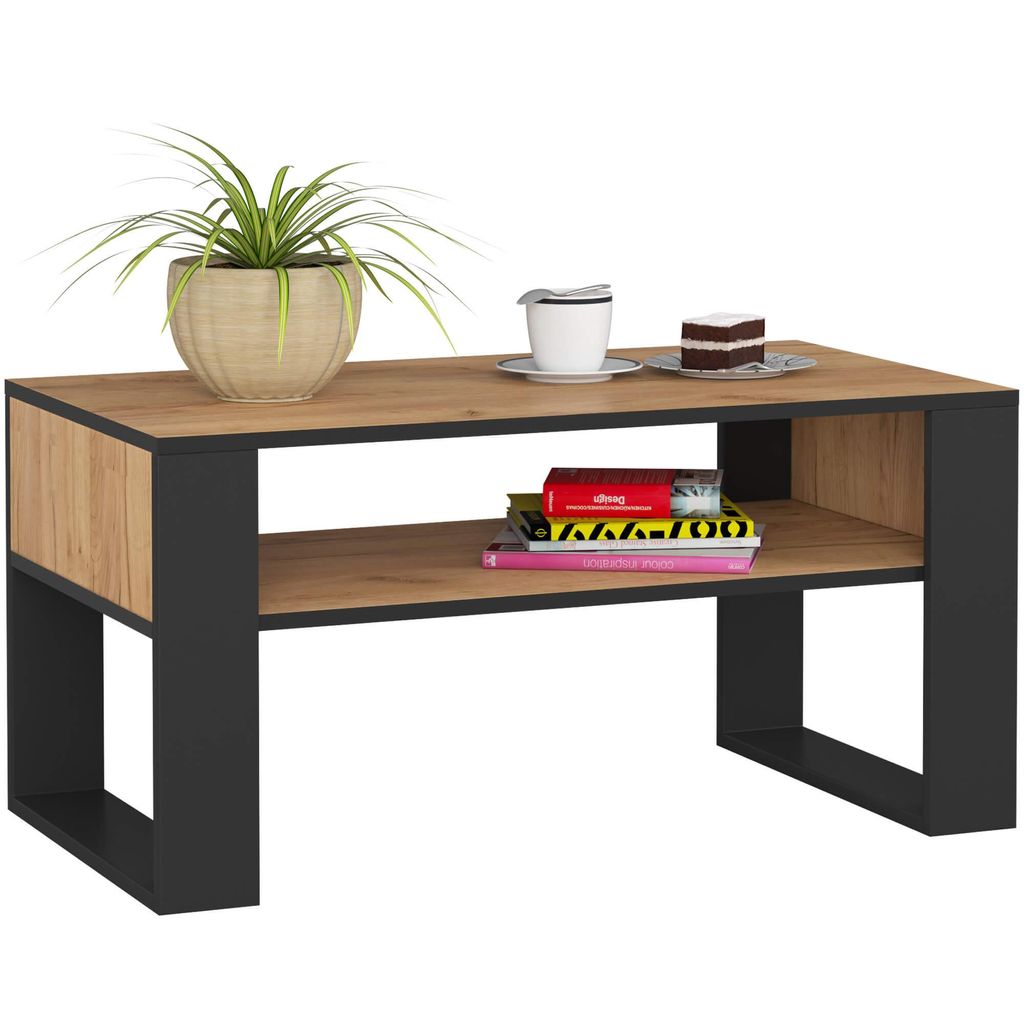 Couchtisch mit Regal Wohnzimmer Schlafzimmer Schrank Kaffeetisch 92x45x53cm Schwarz