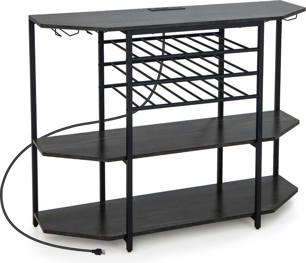 Sideboard mit Weinregal für 21 Flaschen, Schmaler Küchentisch mit 2 USB-Anschlüssen & 2 Steckdosen, Flaschenregal 3 Ebenen mit Glashalter, 120x4...