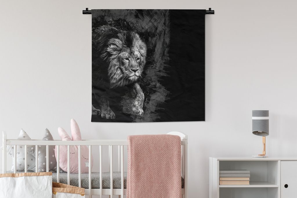 MuchoWow Wandteppich Wandbehang Löwe - Tiere - Schwarz - Weiß 90x90 cm Tapisserie Dekoration Wandtuch - Wandaufhänger