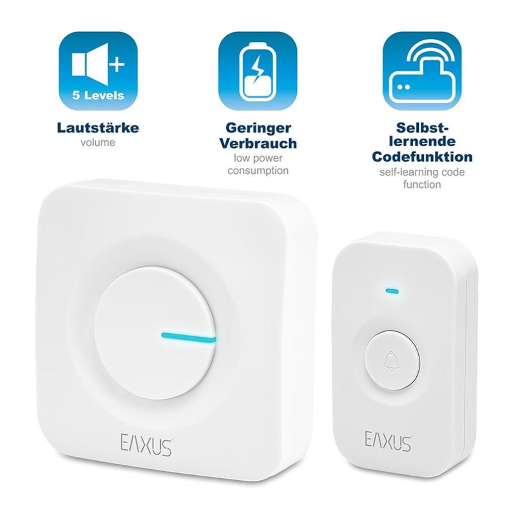 Eaxus Funk Türklingel - Kabellose Funkklingel, 52 Melodien, LED Anzeige, IP56 Wasserdicht, für Steckdose, Weiß