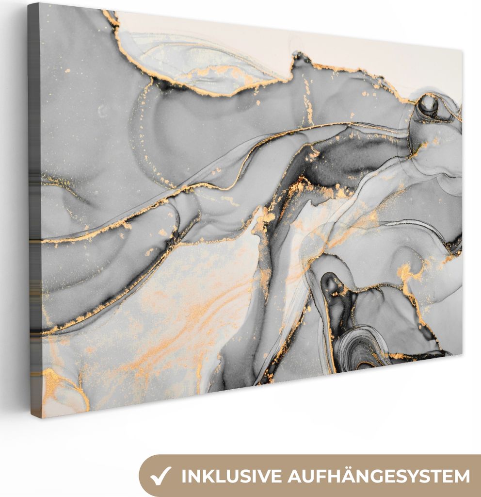 MuchoWow - Leinwandbilder - Marmor - Gold - Grau, Wandbild, Wanddeko Bilder Wohnzimmer, 30x20 cm