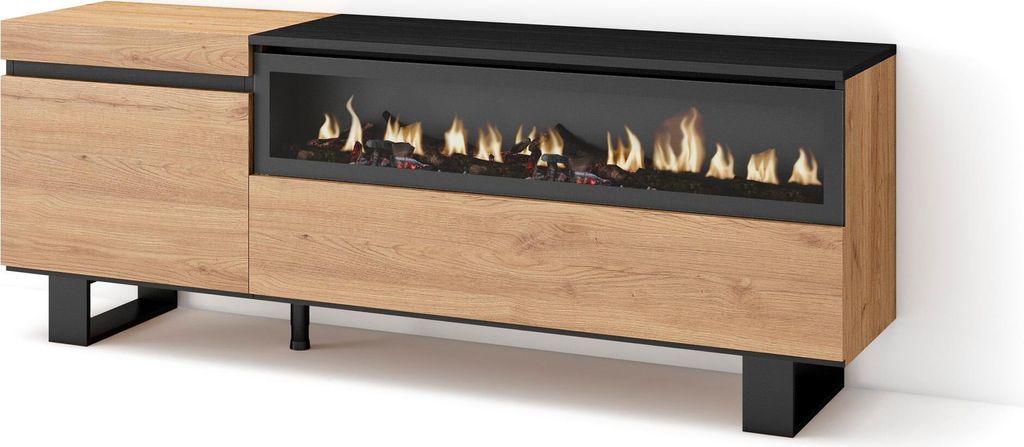 TV-Schrank, Lowboard, 150x35x57cm, Für TV-Geräte bis zu 65", Elektrokamin. Industriedesign, Eiche Schwarz