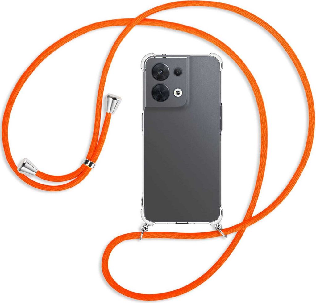 Handykette Backcover-Schutzhülle mit Band (Metall silberfarben) für Oppo Reno8 5G (CPH2359, 6.4'') - neonorange