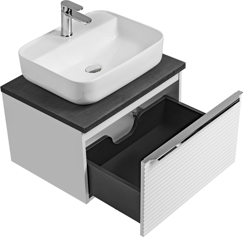 Waschtischunterschrank 60 cm mit 50 cm Keramikbecken LARCIANO-56 in weiß gerill mit Sherman Oak antrhazit, B/H/T ca. 60/55,7/46 cm