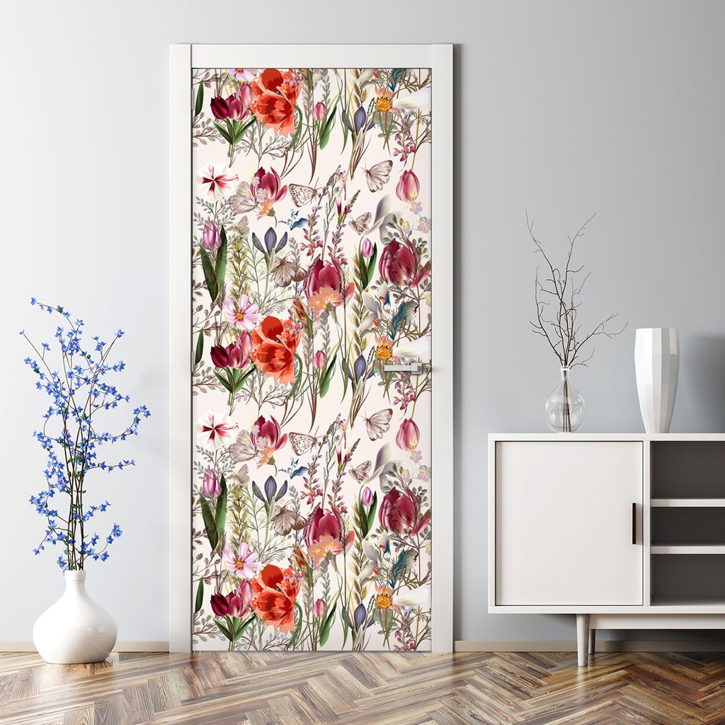 Dekorative Türposter selbstklebend Klebefolie Wandaufkleber Türaufkleber Bunte Wiese Blumen 77 x 200 cm