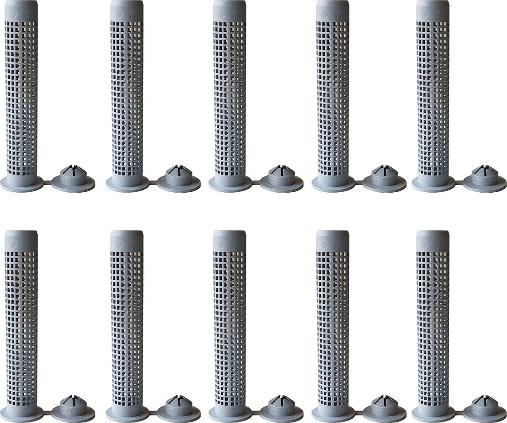 Ten gray cylindrical sleeves with perforated sides and small cap-like bases are arranged in two rows of five on a white background.