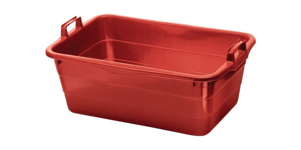 A red plastic tub with handles is shown against a white background.