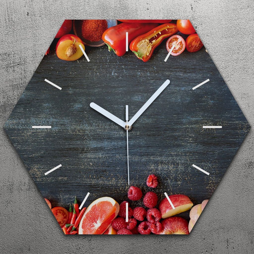 Uhr hexagonal 40 cm Glas Geräuschlos weiße Zeiger - Früchte auf Holz