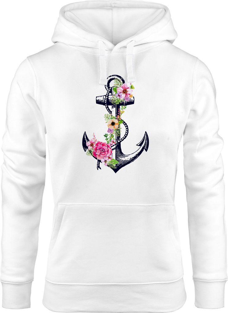 Damen Hoodie Anker Blumen Flower Anchor Watercolor Kapuzen-Pullover Kapuzenpullover Kapuzenpulli Neverless weiß XL