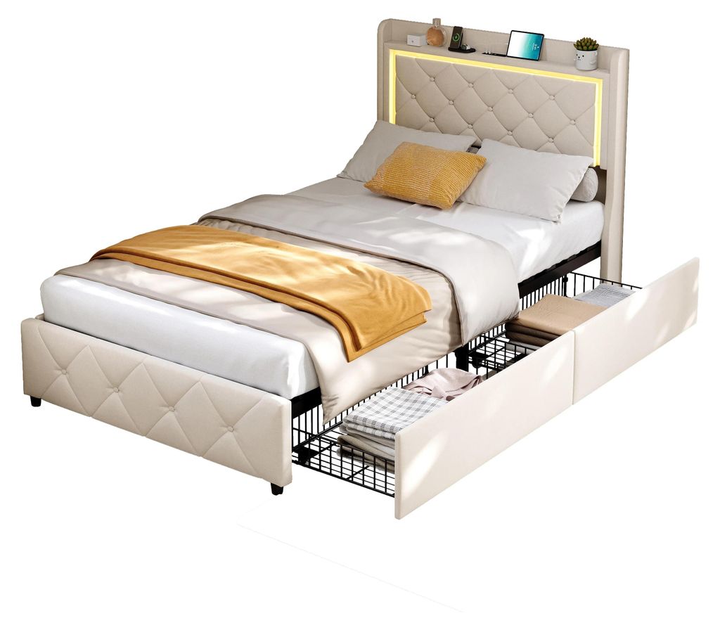 Polsterbett - Schubkastenbett - 90x200 cm - Samtbezug - Stauraum mit Schubladen - Holzrahmen - Modernes Design