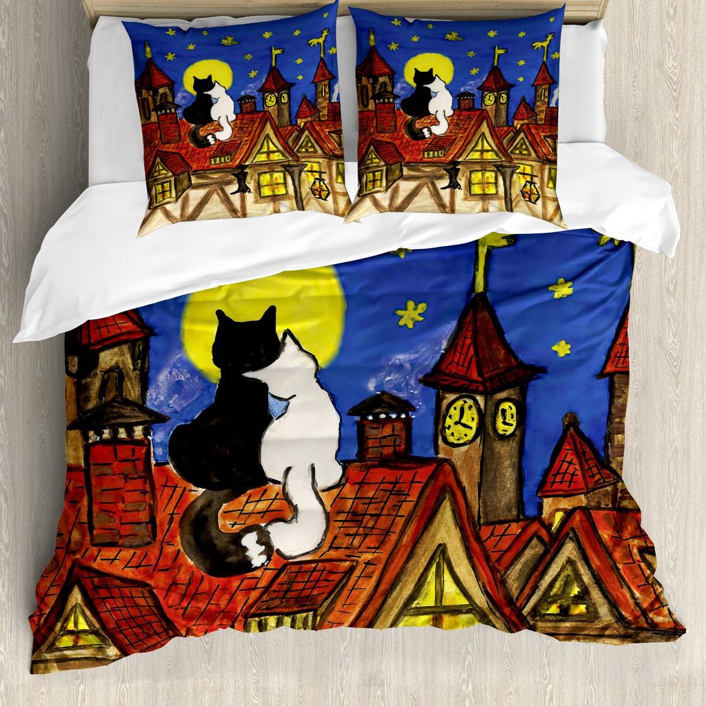 ABAKUHAUS Katze Bettbezug Set, Liebespaar Romantisch Dach Sternenklares Himmel, 155 x 220 cm + 80 x 80 cm, Mehrfarbig