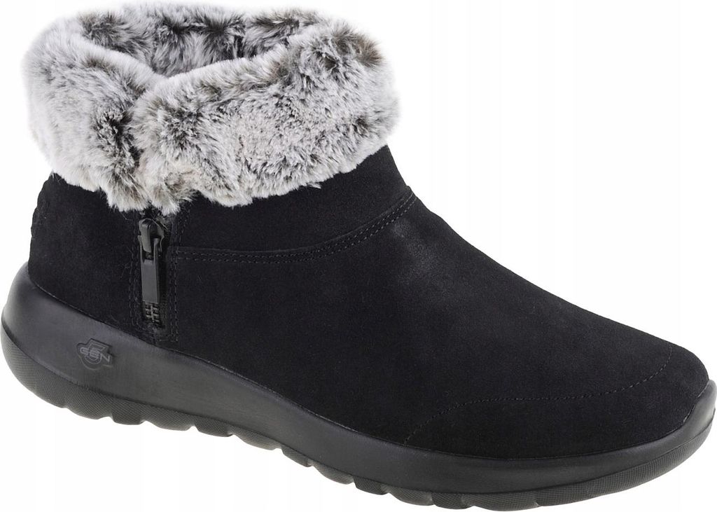 A black boot with gray fur trim is shown against a white background.