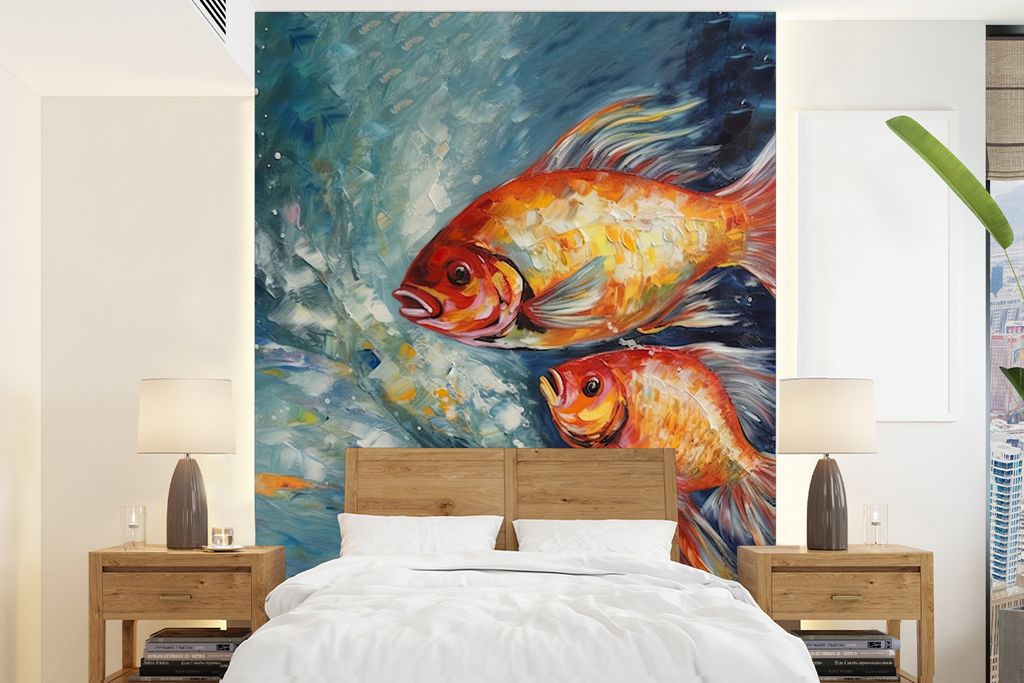 MuchoWow Fototapete für Wohnzimmer oder Schlafzimmer Wandtapete Vinyl Motivtapete Fisch - Wasser - Tiere - Kunst - Ölfarben - 190x260 cm - Papi...