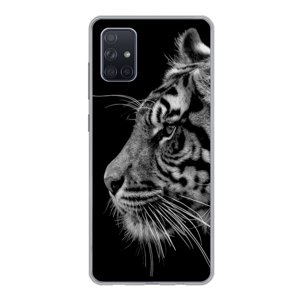 MuchoWow Handyhülle Schutzhülle Hülle für Samsung Galaxy A71 Tiger auf schwarzem Hintergrund in schwarz und weiß Silikon Softcase Handy Hül...