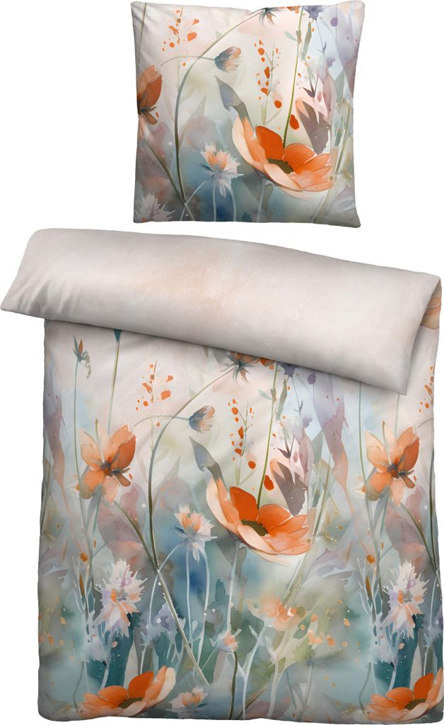 biberna Satin Bettwäsche 0616322 WILDBLUMEN color: gold, size: 1x 155x200 cm + 1x 80x80 cm