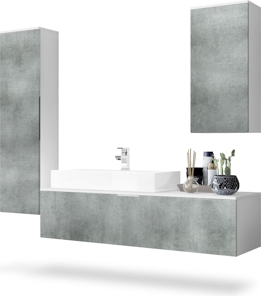Vladon Badmöbel Komplettset Beach, Germany, Korpus in Weiß matt / Fronten in Beton Dunkel, mit Aufsatzwaschbecken und Armatur