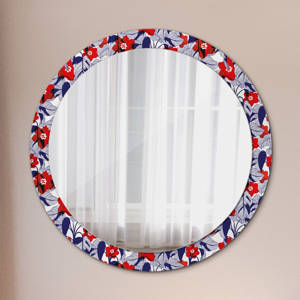 Ø90cm Modern Spiegel - Wandspiegel Wandmontage- Schlafzimmer - Philodendron und rot Blumen