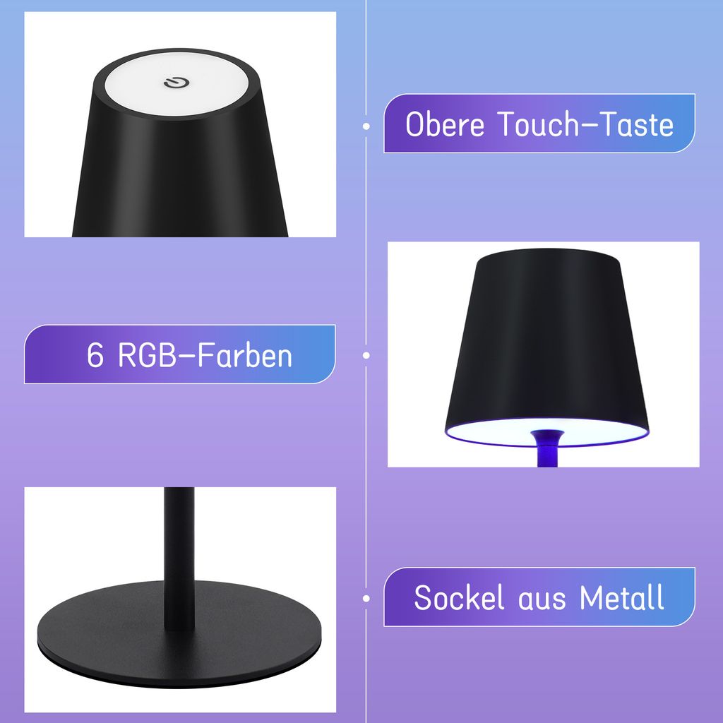 VKH Nachttischlampe LED RGB Mit Touch & Fernbedienung - Kabellos, USB-C, Flache Scheibenform