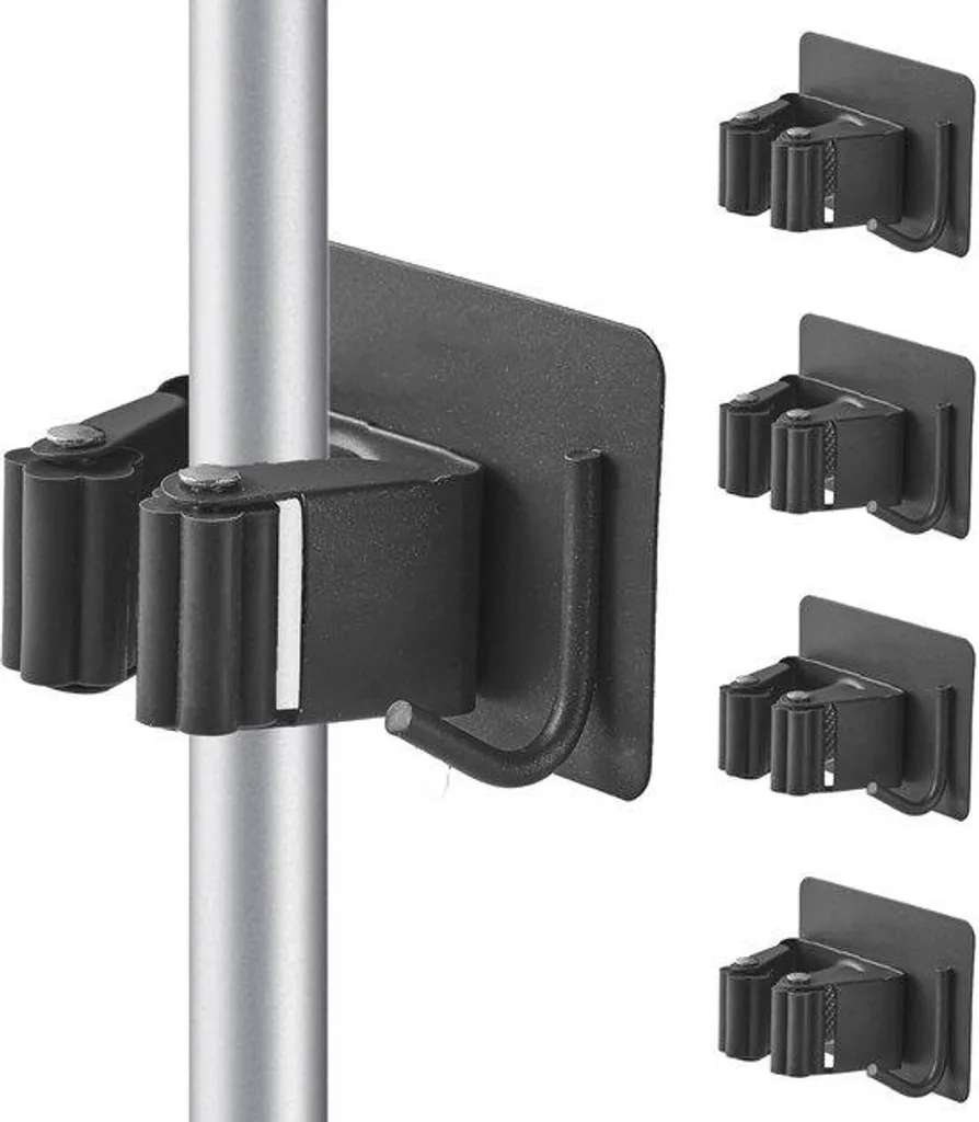 Porte-balai gris foncé pour suspendre vos outils sans percer le mur - 4x