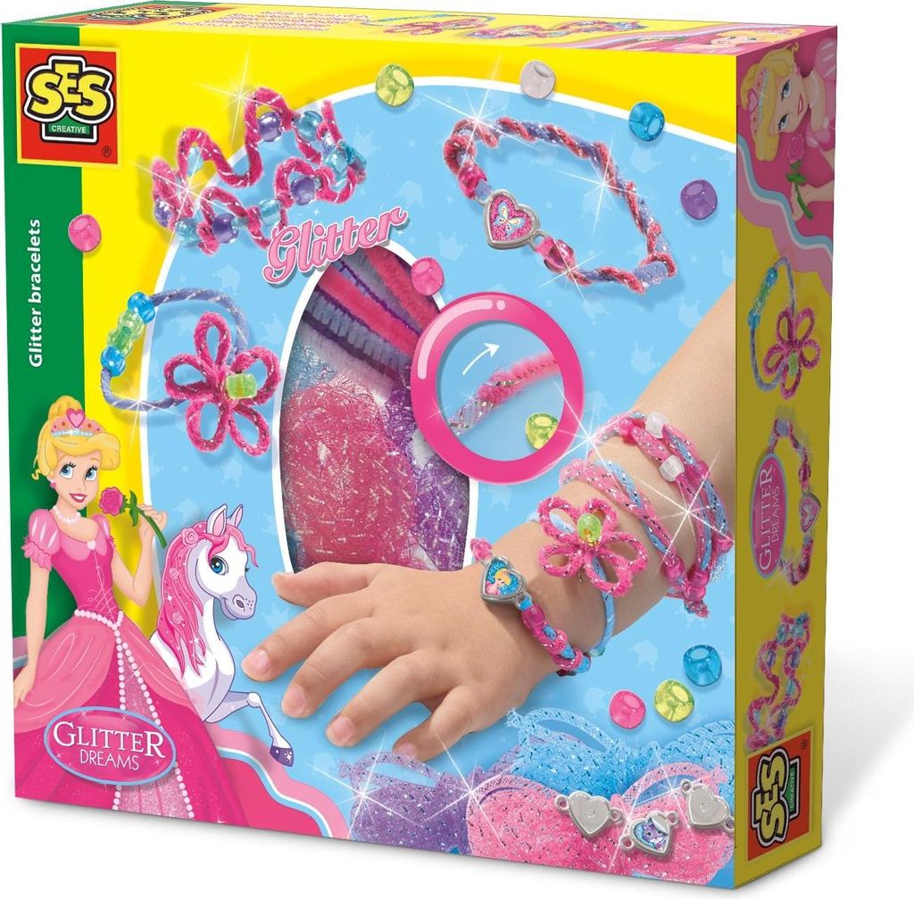 SES Bastelset Glitzerarmbänder zum Selbstgestalten mit Ponyperlen, Anhängern und Glitzerdraht