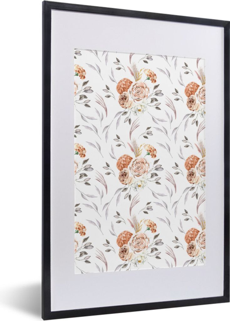 MuchoWow Gerahmtes Poster Blumendekoration - Muster - Weiß 40x60 cm - Poster mit Schwarzem Bilderrahmen Wandposter Rahmen Foto Bilder - Poster i...