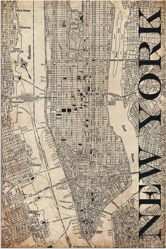 ARTland Wandbild Alu für Innen & Outdoor New York Karte Straßen Karte Grunge Größe: 20x30 cm