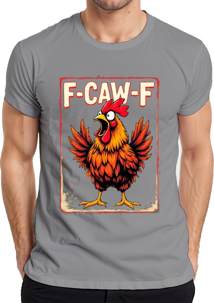 F-CAW-F lustiger Hahn Cartoon Bauernhof Spruch Sarkasmus Vintage Herren T-Shirt, Grau, S