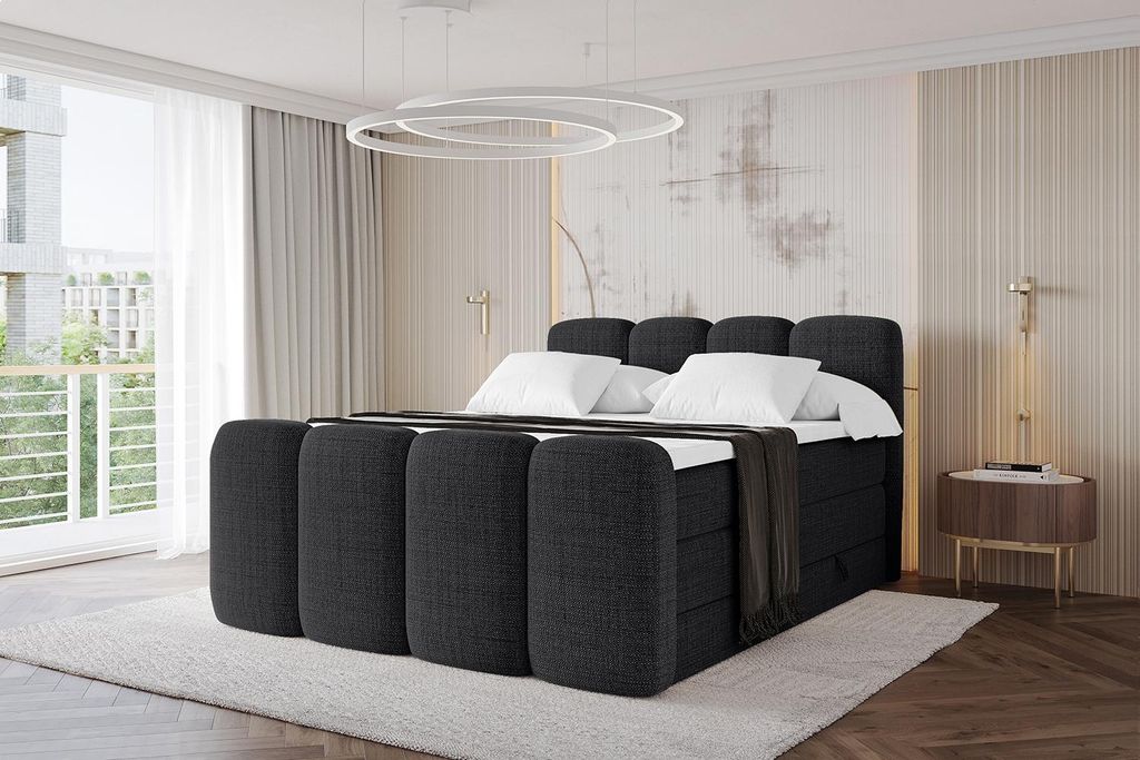 ALTDECOR Boxspringbett mit Fußteil - NINA-Z KING - 180x200 Schwarz- Komplett-Set mit H3 und H4 Matratzen und Topper, Polsterbett mit Bettkästen, ...
