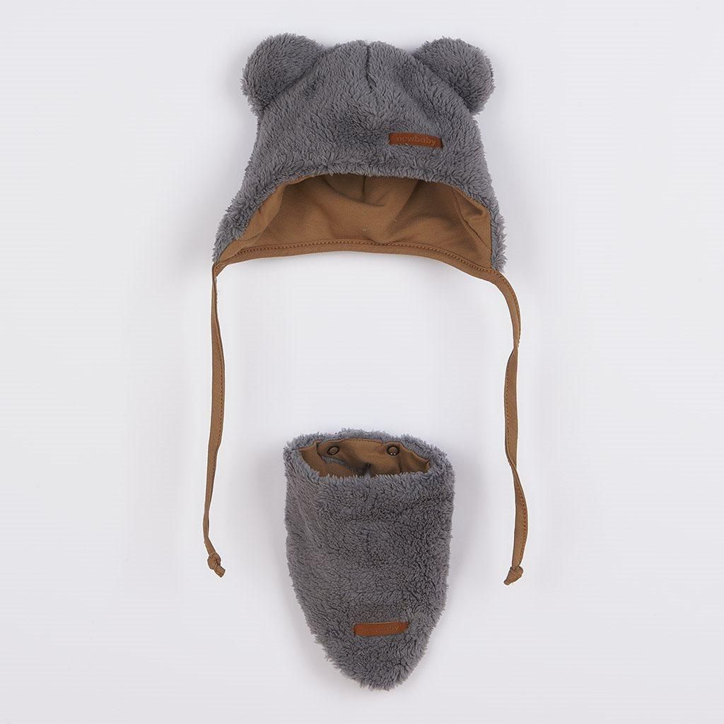Winter-Baby-Mütze mit Halstuch New Baby Teddybär grau, Gr. 80 (9-12m)